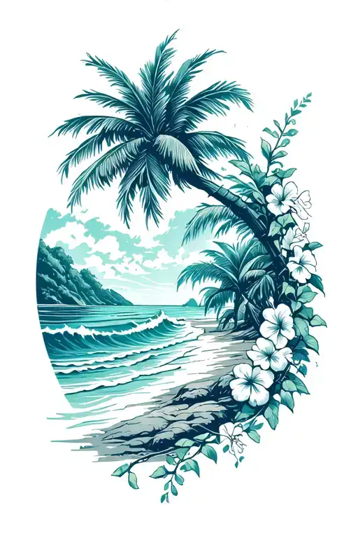 island beach with palm and ocean waves crashing with hibiscus vine tattoo design idea
