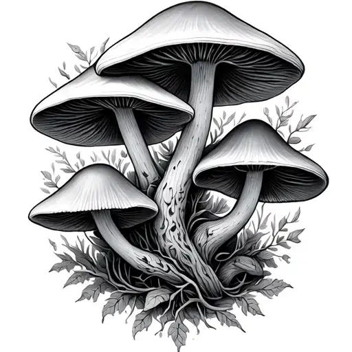 psilocybin mushrooms with ayahuasca vines intertwining tattoo design idea