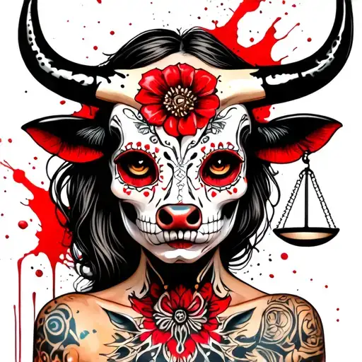 woman body bull with sugar skull markings, brown eyes and two Libra scales with extra dark background tattoo design idea