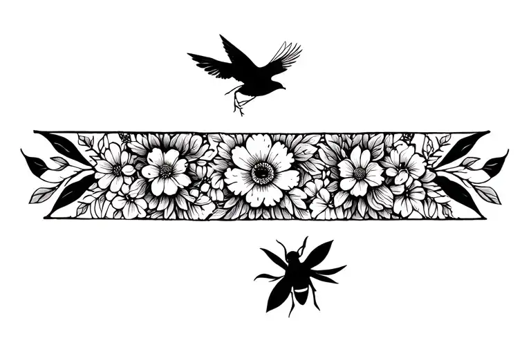 floral armband featuring bee and bird flying tattoo design idea
