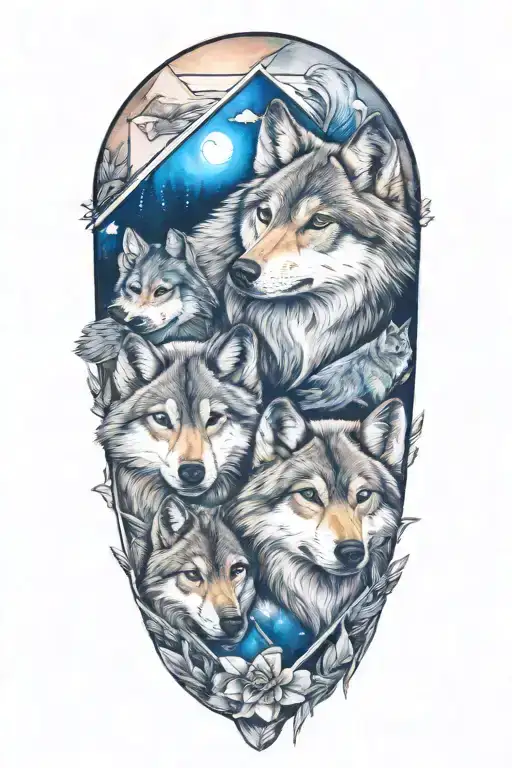 5 wolf pups inside a triangle tattoo design idea