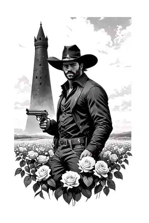 male gunslinger in a field of roses in front of a dark tower tattoo design idea