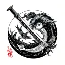 create half sleeve Japanese sword with coi fish aroun Japanese kanji on sword. Fill spaces with Japanese cultured items  tattoo design idea