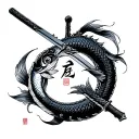 create half sleeve Japanese sword with coi fish aroun Japanese kanji on sword. Fill spaces with Japanese cultured items  tattoo design idea