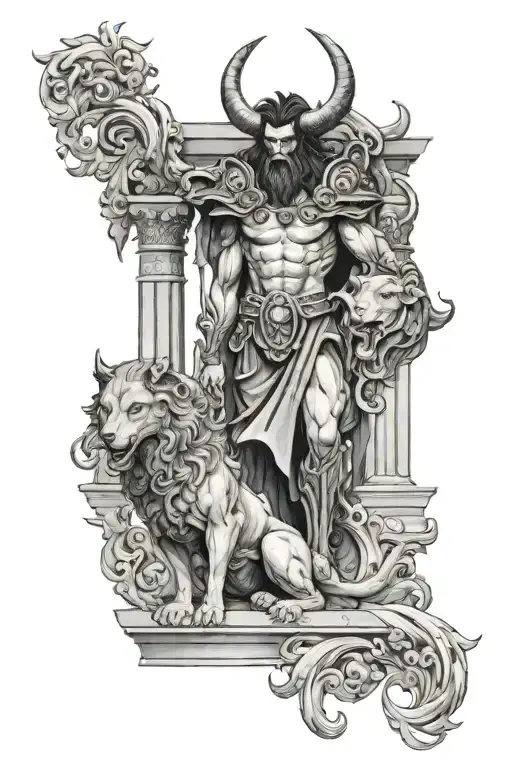 Hades with Cerberus guarding the gates tattoo design idea