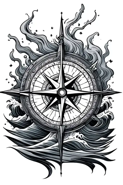 Nordic patterns with compass surrounded by waves crashing tattoo design idea