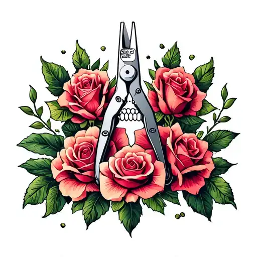 manicure nail clippers, nail file, these items are in the center, on the sides are rosebuds, All the elements are arrang tattoo design idea