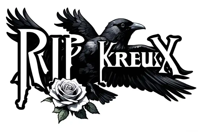 "RIP Kreux" Crow flying with Rose tattoo design idea