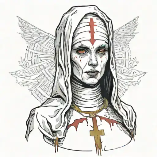 Sexy Nun, huge boobs,, revealing attire, seductive facial expressions, gold cross dripping blood, Lingerie, sexual tattoo design idea