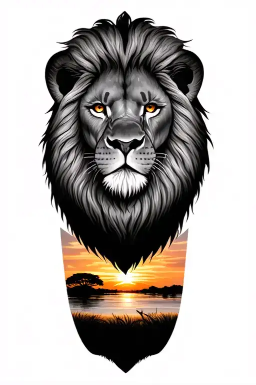 lion head tattoo, right arm, grey, Half sleeve, majestic on African savanna, sunset background, 3 subtle cross bottom  tattoo design idea