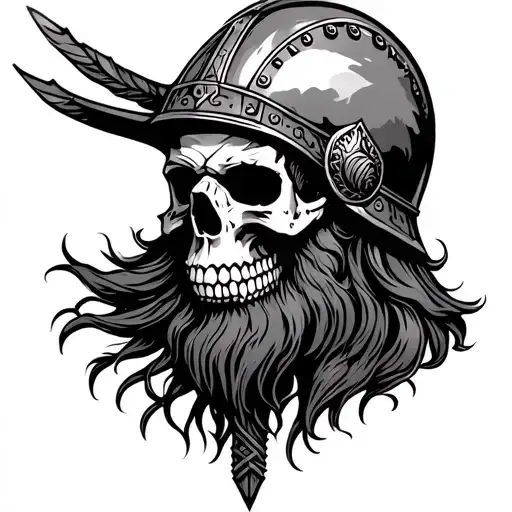 Old Norse Warrior Skull, Wearing Helmet, Long Hair, Beard, Side Profile Tattoo tattoo design idea
