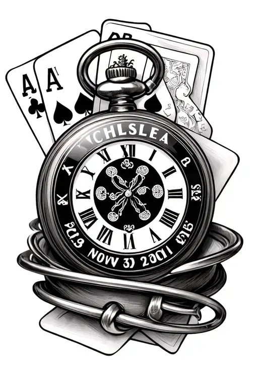 a pocket watch, with the Chelsea fc logo, an ace playing card and 4 dates in a sleeve  tattoo design idea