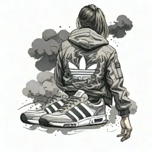 woman from behind, adidas sneakers, stone island jacket, bob and smoke bomb in hand tattoo design idea