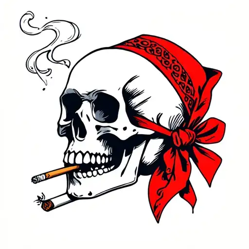 red bandana wrapped around a skull smoking a cigarette tattoo design idea