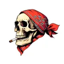 red bandana wrapped around a skull smoking a cigarette tattoo design idea