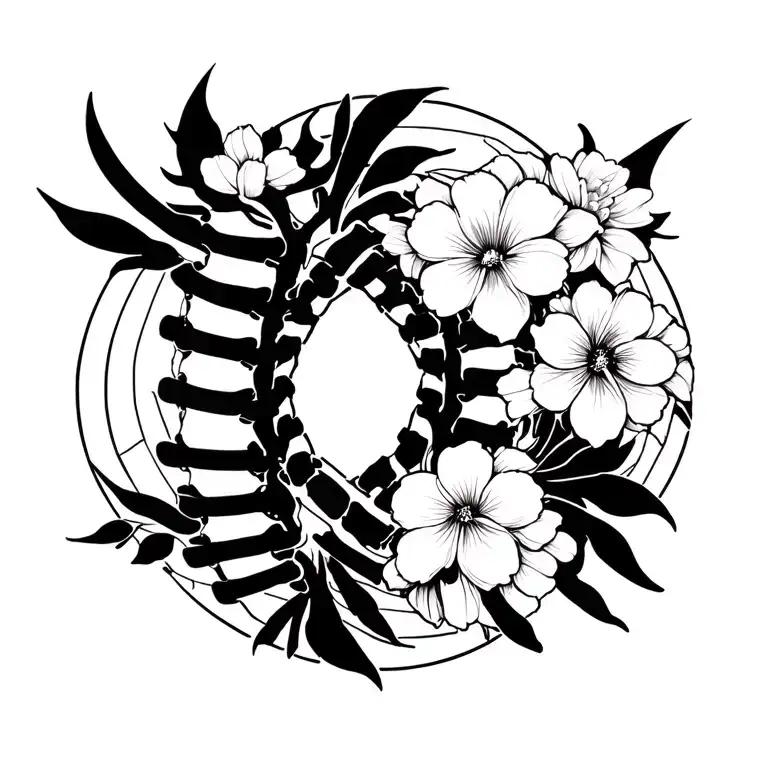 A black and white geometric pattern inspired by the spinal column, with delicate flower accents tattoo design idea