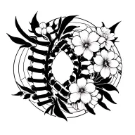A black and white geometric pattern inspired by the spinal column, with delicate flower accents tattoo design idea