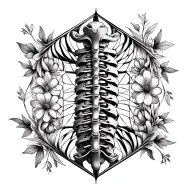 A black and white geometric pattern inspired by the spinal column, with delicate flower accents tattoo design idea