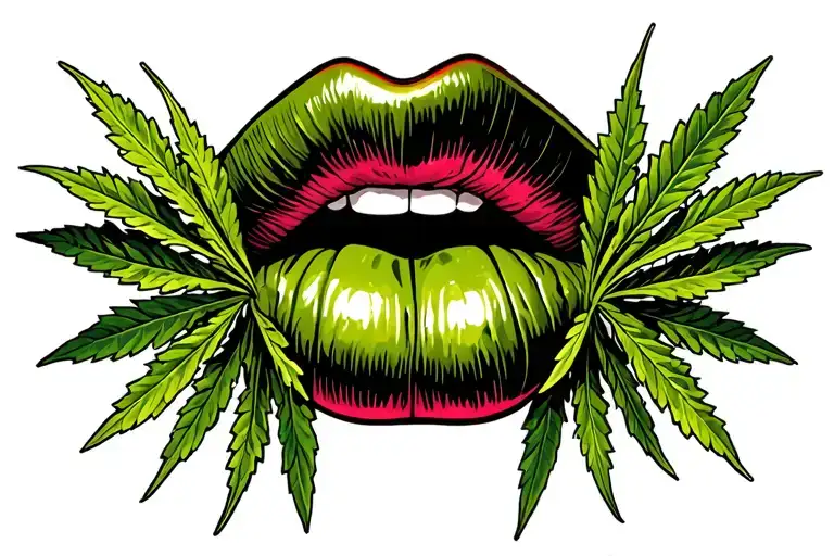 kiss lips with weed leaf tattoo design idea