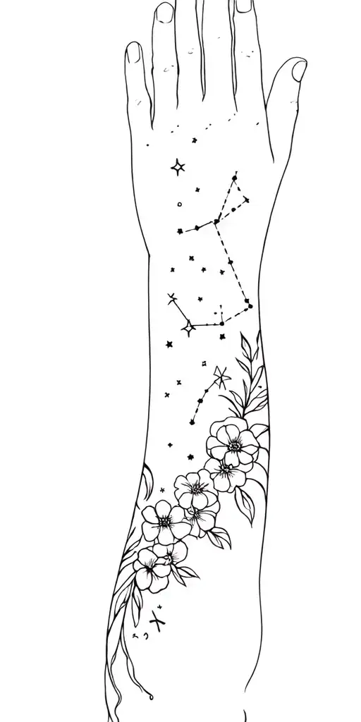 arm sleeve tattoo with stars and constellations. taurus constellation. flowy flowers incorporated. fine line  tattoo design idea