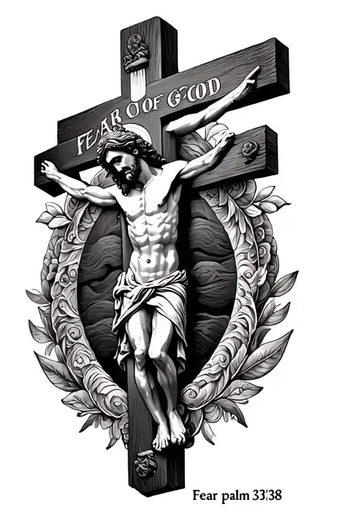 A detailed crucifix tattoo of Jesus and under it, it says “ Fear Of God” and then under Fear Of God it says “psalm 33:8” tattoo design idea