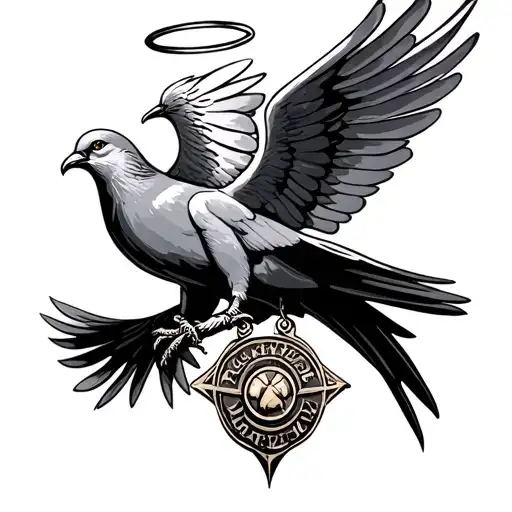 A dove wearing a halo and carrying a metal of honor tattoo design idea