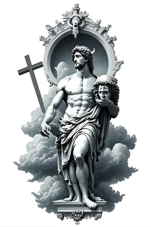 perseus statue holding medusas head in his hands surrounded by clouds and a cross tattoo design idea