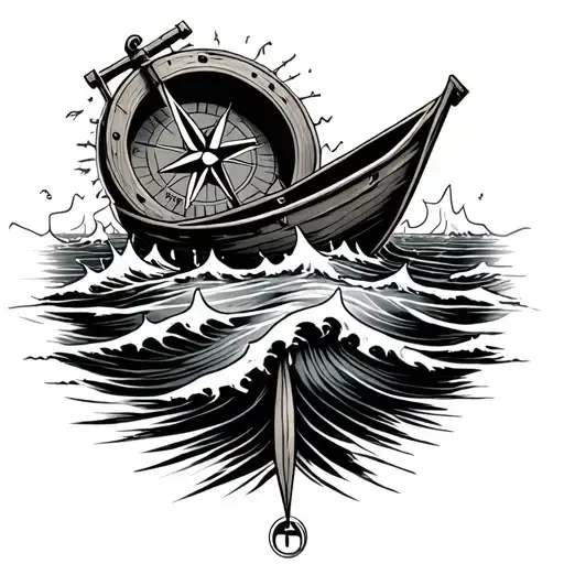 broken compass and small rowing boat surrounded by crashing waves lost at sea  tattoo design idea