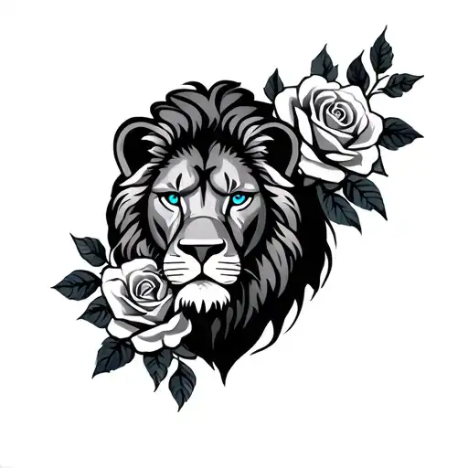 lion with blue eyes and roses tattoo design idea