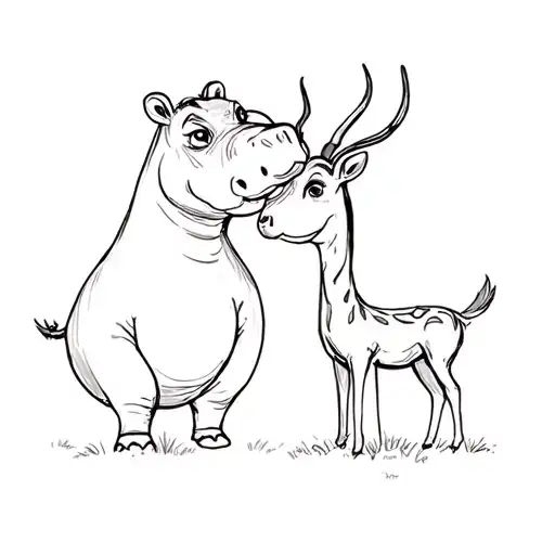a girl hippo kissing a  boy gazelle tattoo design idea