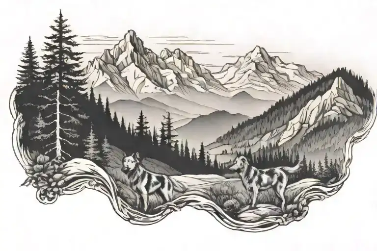 blue ridge mountain range with two dogs on trail in distance tattoo design idea