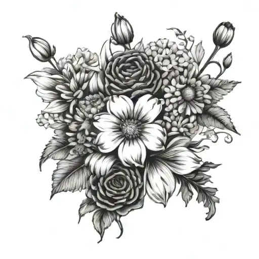 single boquet of flowers, black and white fine line inlcuing Violets, Chrysanthemum, Rhodanthe tattoo design idea