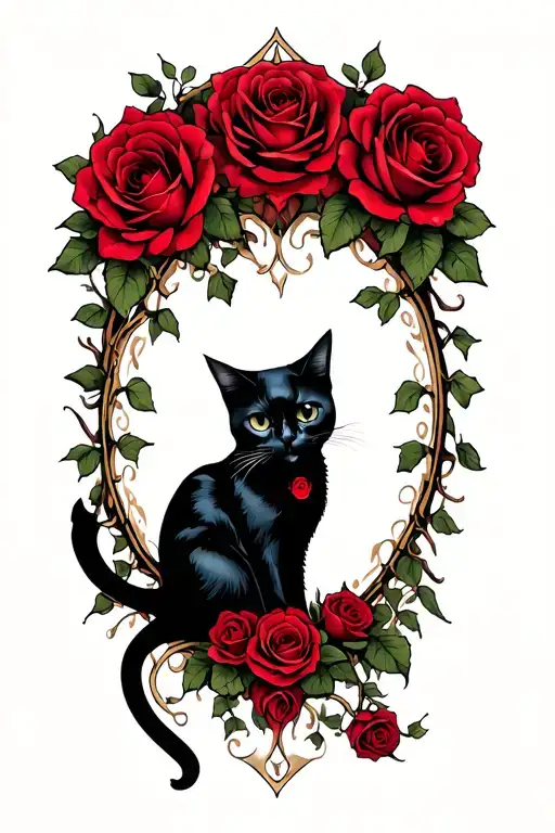 Gothic design featuring red roses and vines, skulls, dark imagery, black cat  tattoo design idea