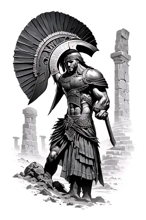 Spartan warrior facing ruins tattoo design idea