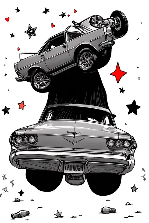 Live laugh, love with a car upside down with stars and bottles on the ground tattoo design idea