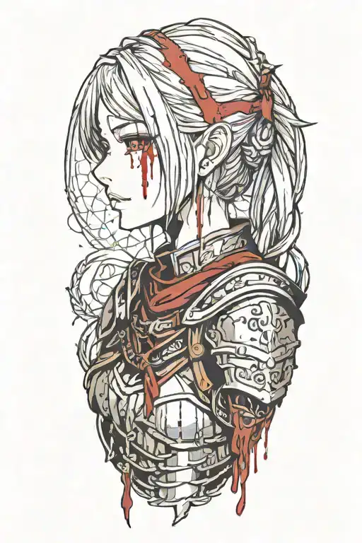 Dark Souls with hair with pigtails with blood on face Shoulder portrait tattoo design idea