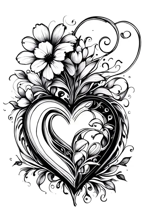 solid love heart with fine lines, swirls and flowers coming off the top and bottom diagonally. feminine tattoo design idea