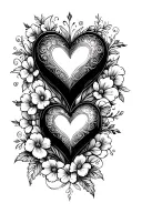 solid love heart with fine lines, swirls and flowers coming off the top and bottom diagonally. feminine tattoo design idea