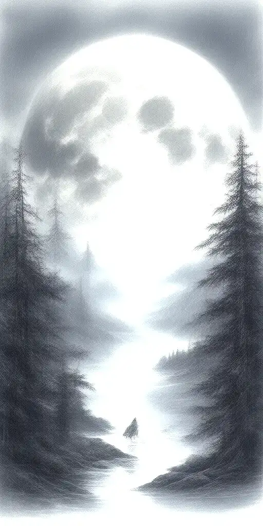 massive forest landscape with huge moon in the background, and a wolf lover looking a lake of water tattoo design idea