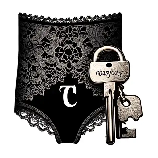 lock and key,  cuckolding symbol, lace to represent panties, word chastyboy, initials TC tattoo design idea