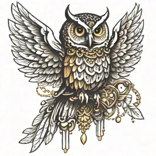 Design a tattoo of an owl with its wings adorned with gold jewellery tattoo design idea