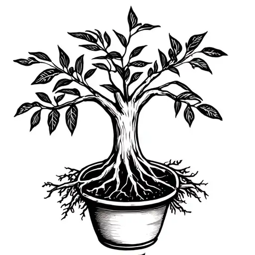Ficus in a pot, wood roots in the form of a girl tattoo design idea