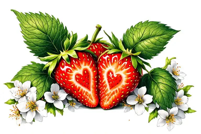 3 strawberries. The center strawberry is cut open revealing a heart center. The strawberries are surrounded by blossoms tattoo design idea