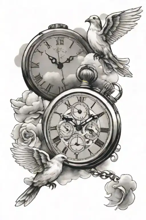 stopwatch with clouds and doves tattoo design idea