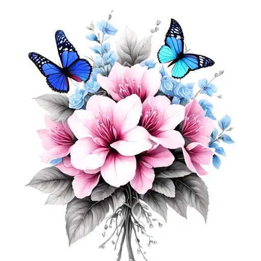 floral bouquet of pink rhododendrons, white dogwood, and ,blue violets with 2 butterflies on flowers tattoo design idea