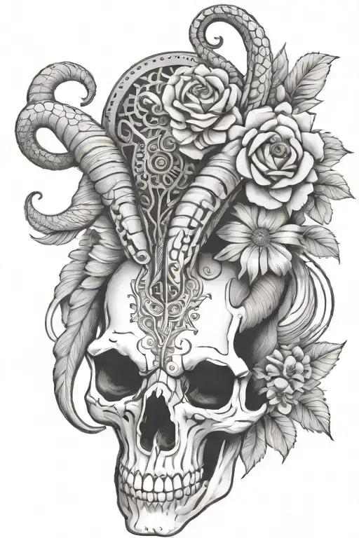 ram skull with snake wrapped and florals and mandalas  tattoo design idea