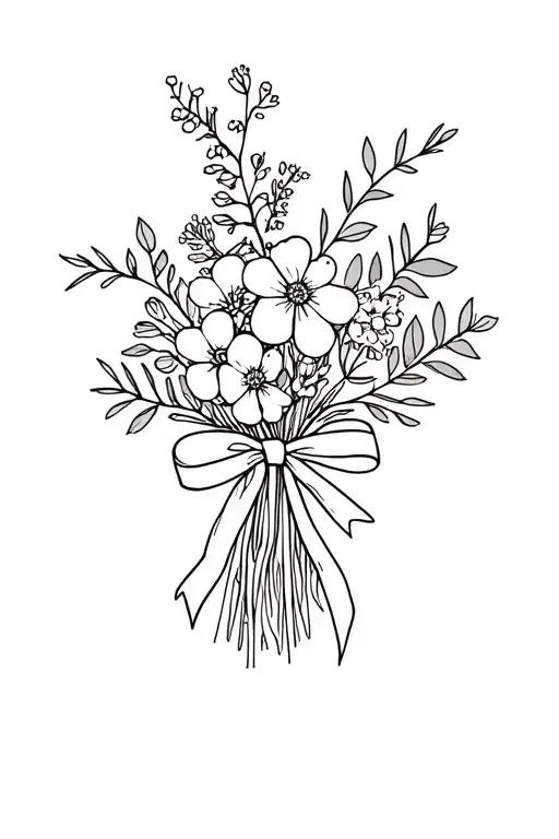 A bouquet of hibbertia, kangaroo paw, and eucalyptus flowers tied with a bow tattoo design idea