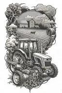 agriculture, tractor plowing, farm elements scattered throughout tattoo design idea