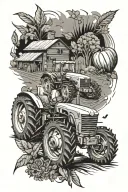 agriculture, tractor plowing, farm elements scattered throughout tattoo design idea