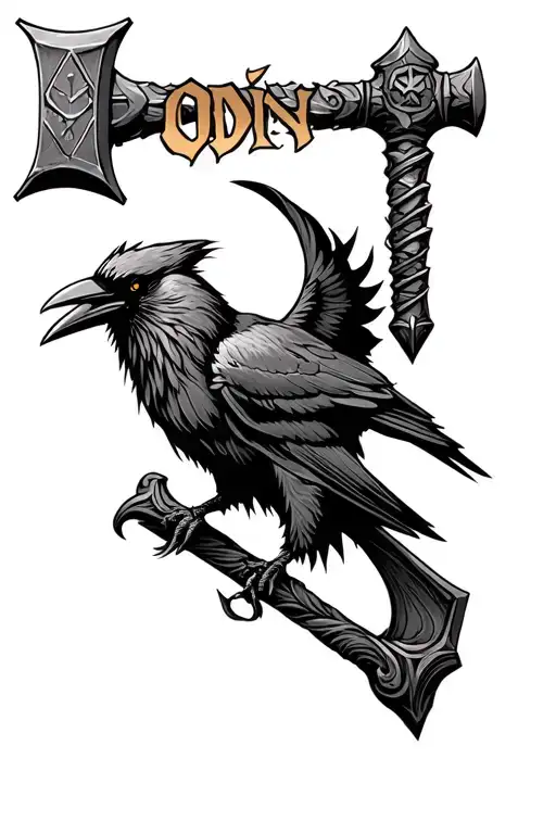 thors hammer with crow in background and Odin name tattoo tattoo design idea